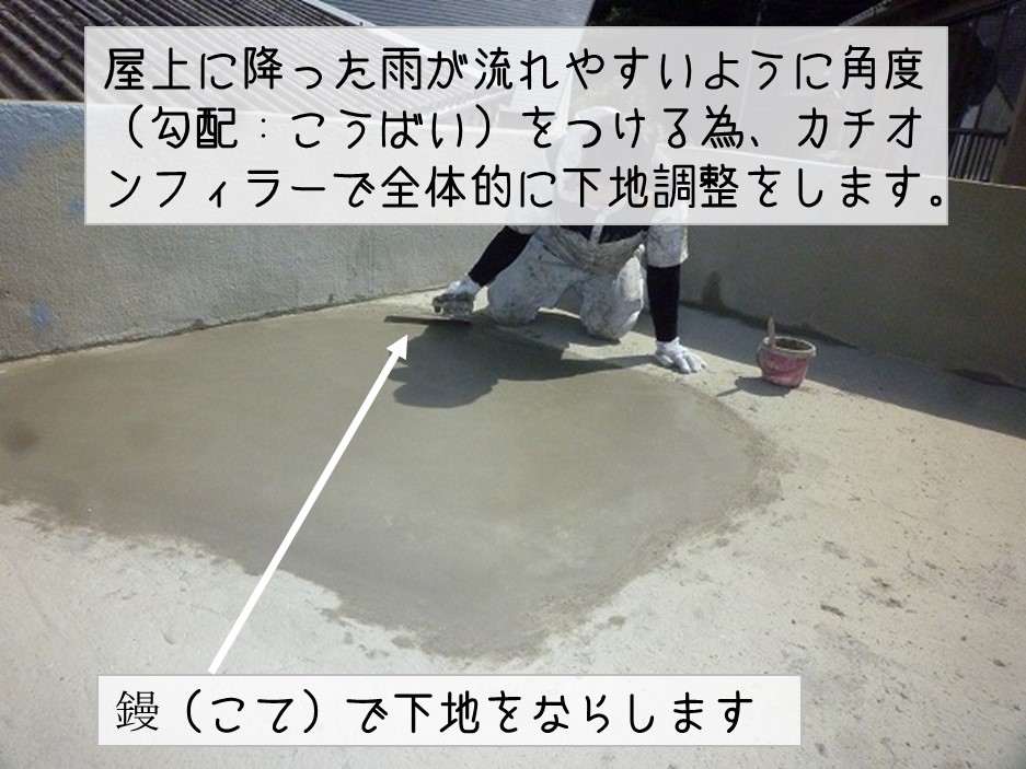 呉市　屋上コンクリート屋根　ウレタン防水工事　勾配調整